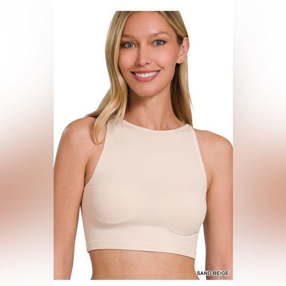 NWT! SAND BEIGE SEAMLESS SOFT STRETCHY CROPPED TANK TOP BRA - Picture 1 of 4
